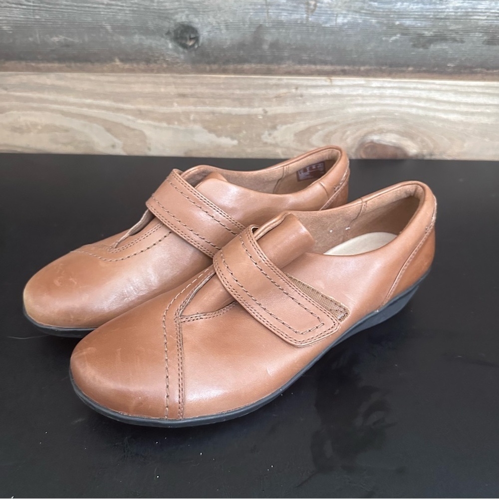 Clarks Brown Leather Everlay Dixie Monk Strap Slip on Comfort Shoe Women’s 8